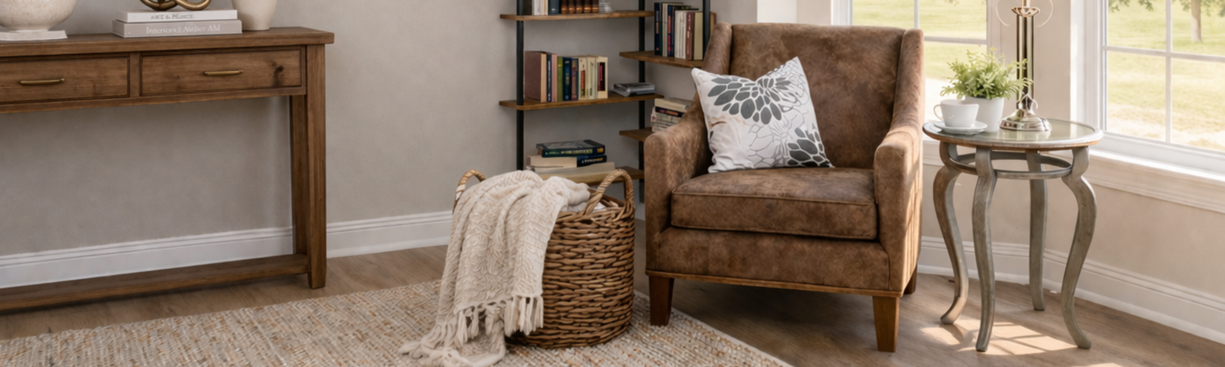 Comfortable chair near a window in a quiet, lived-in home setting with natural light